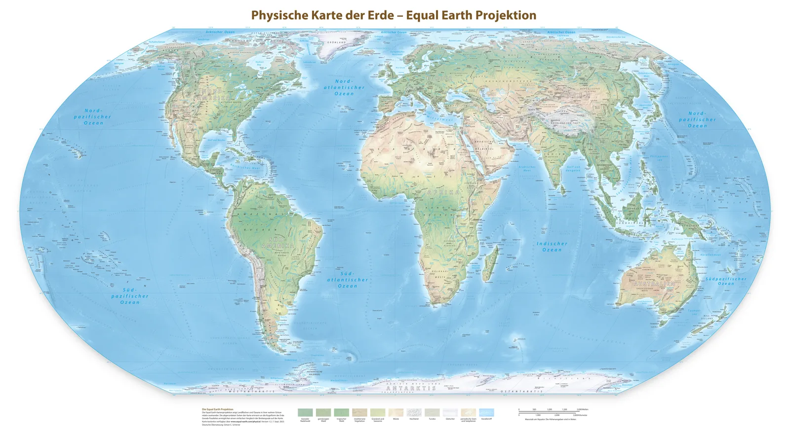 Relief, Land und Meeresboden als physische Weltkarte. Das Bild zeigt das geografische Grundgerüst; es ist keine Visualisierung der fiktiven Bibliotheksdaten im Experiment.