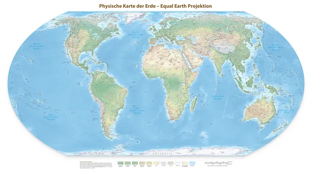Relief, Land und Meeresboden als physische Weltkarte. Das Bild zeigt das geografische Grundgerüst; es ist keine Visualisierung der fiktiven Bibliotheksdaten im Experiment.