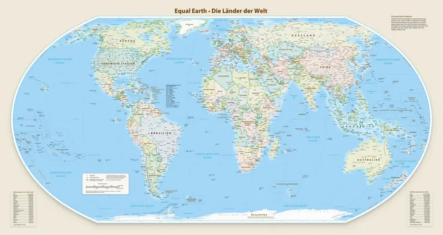 Politische Equal-Earth-Originalkarte: Länderfarben und Beschriftungen ergänzen die flächentreue Projektion.